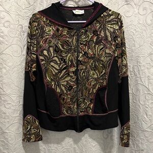 Women's Hooded Zip Jacket in Black with Olive & Burgundy Pattern